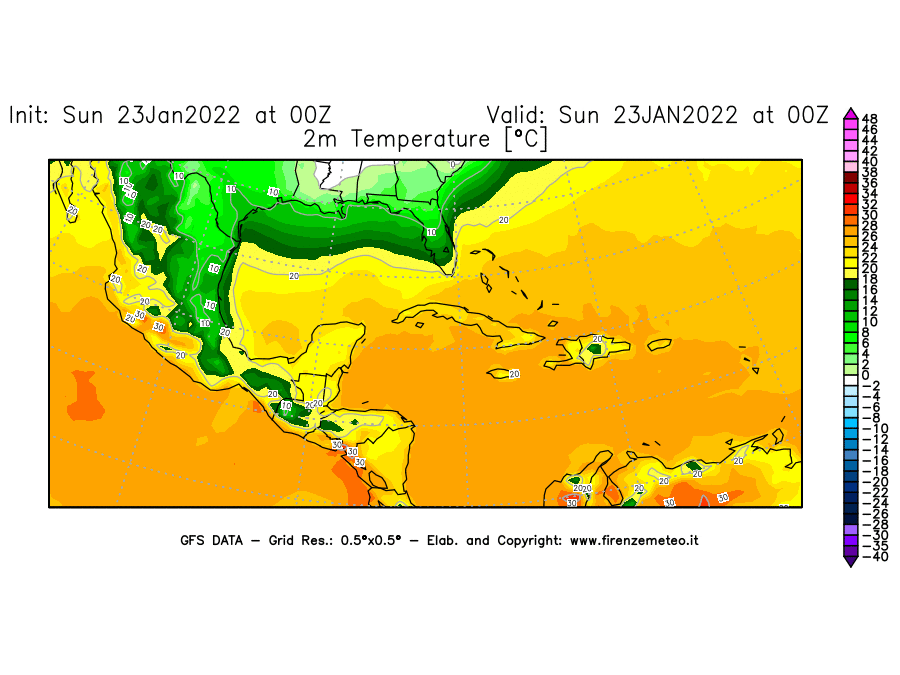 Mappa di analisi GFS - Temperatura a 2 metri dal suolo [°C] in Centro-America
							del 23/01/2022 00 <!--googleoff: index-->UTC<!--googleon: index-->