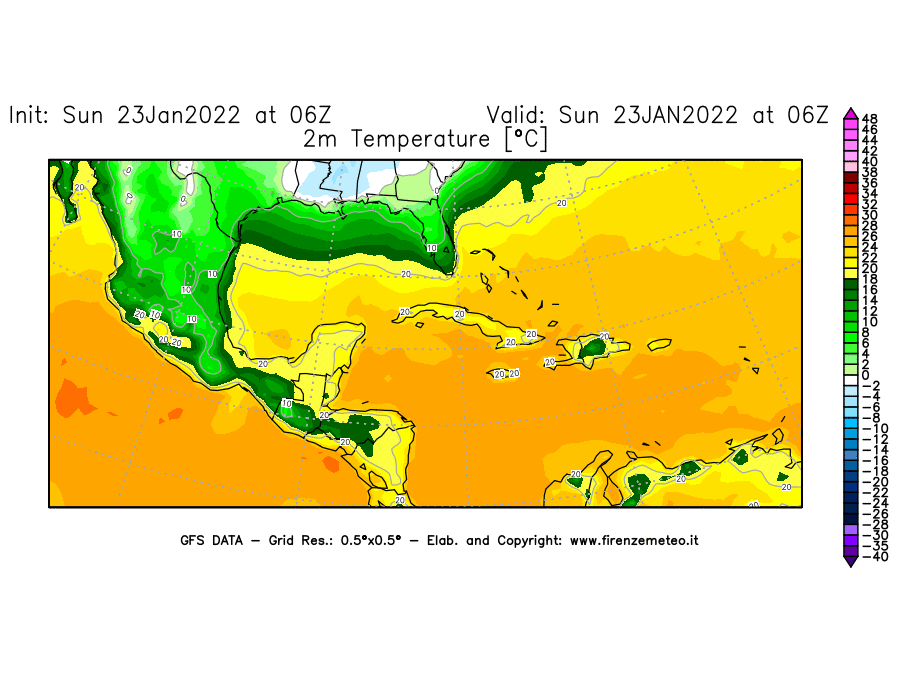 Mappa di analisi GFS - Temperatura a 2 metri dal suolo [°C] in Centro-America
							del 23/01/2022 06 <!--googleoff: index-->UTC<!--googleon: index-->