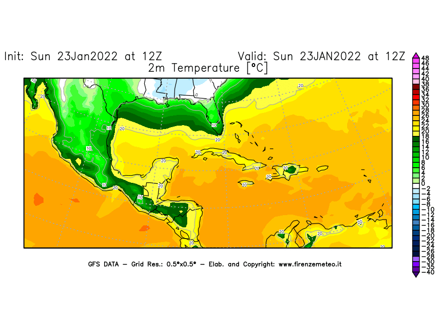 Mappa di analisi GFS - Temperatura a 2 metri dal suolo [°C] in Centro-America
							del 23/01/2022 12 <!--googleoff: index-->UTC<!--googleon: index-->