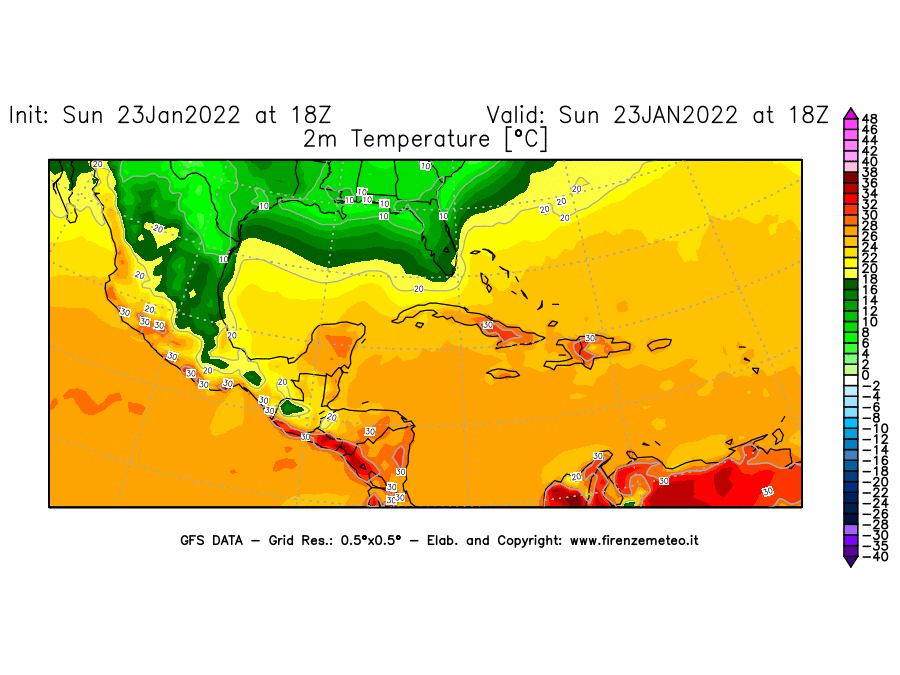 Mappa di analisi GFS - Temperatura a 2 metri dal suolo [°C] in Centro-America
							del 23/01/2022 18 <!--googleoff: index-->UTC<!--googleon: index-->
