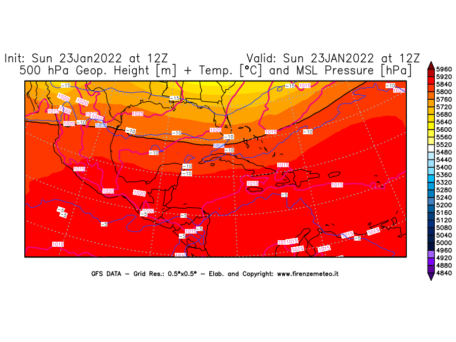 Mappa di analisi GFS - Geopotenziale [m] + Temp. [°C] a 500 hPa + Press. a livello del mare [hPa] in Centro-America
							del 23/01/2022 12 <!--googleoff: index-->UTC<!--googleon: index-->