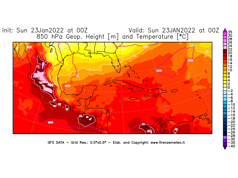 Mappa di analisi GFS - Geopotenziale [m] e Temperatura [°C] a 850 hPa in Centro-America
							del 23/01/2022 00 <!--googleoff: index-->UTC<!--googleon: index-->