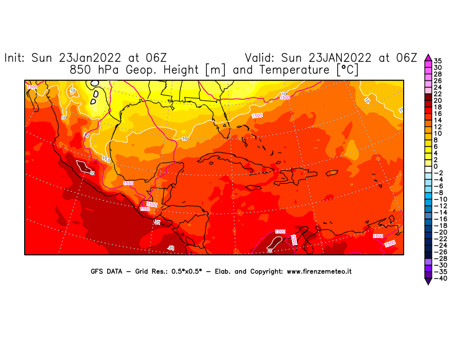 Mappa di analisi GFS - Geopotenziale [m] e Temperatura [°C] a 850 hPa in Centro-America
							del 23/01/2022 06 <!--googleoff: index-->UTC<!--googleon: index-->