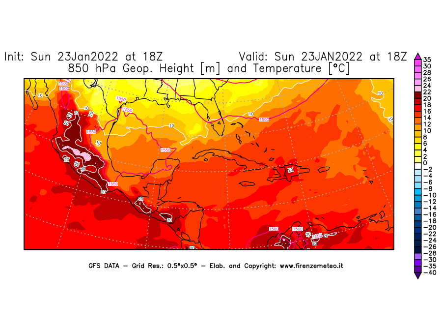 Mappa di analisi GFS - Geopotenziale [m] e Temperatura [°C] a 850 hPa in Centro-America
							del 23/01/2022 18 <!--googleoff: index-->UTC<!--googleon: index-->