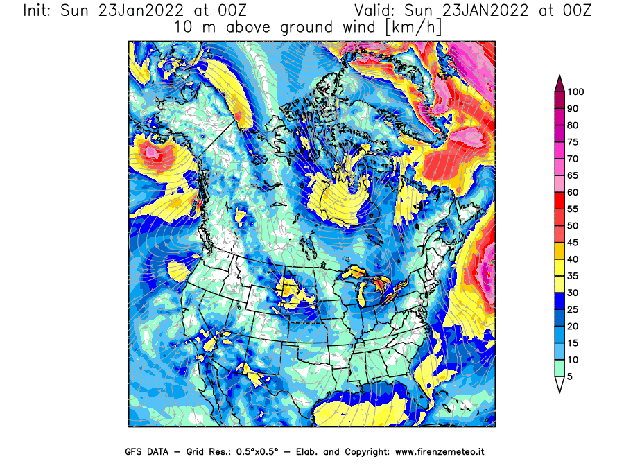 Mappa di analisi GFS - Velocità del vento a 10 metri dal suolo [km/h] in Nord-America
							del 23/01/2022 00 <!--googleoff: index-->UTC<!--googleon: index-->