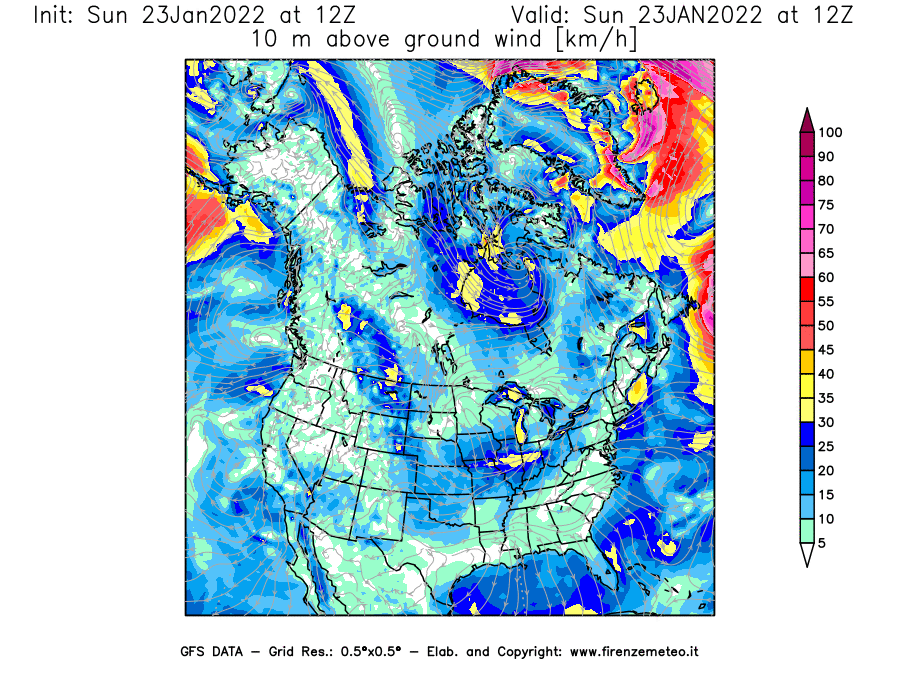 Mappa di analisi GFS - Velocità del vento a 10 metri dal suolo [km/h] in Nord-America
							del 23/01/2022 12 <!--googleoff: index-->UTC<!--googleon: index-->