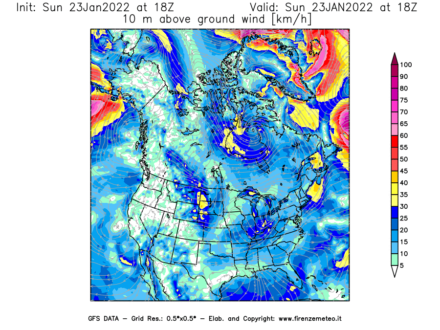 Mappa di analisi GFS - Velocità del vento a 10 metri dal suolo [km/h] in Nord-America
							del 23/01/2022 18 <!--googleoff: index-->UTC<!--googleon: index-->