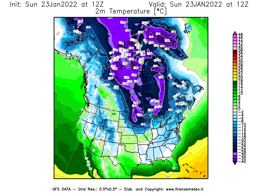 Mappa di analisi GFS - Temperatura a 2 metri dal suolo [°C] in Nord-America
							del 23/01/2022 12 <!--googleoff: index-->UTC<!--googleon: index-->