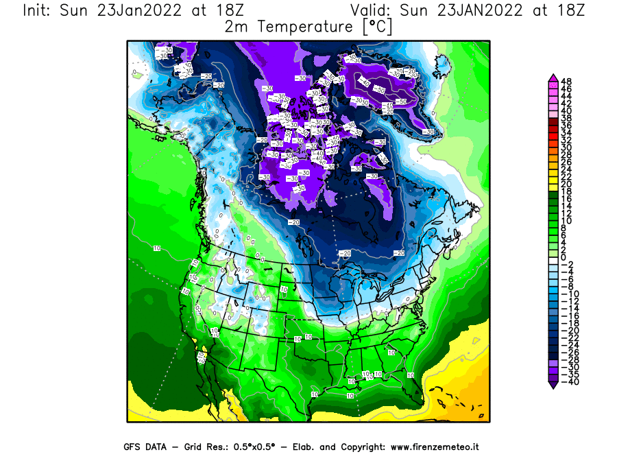Mappa di analisi GFS - Temperatura a 2 metri dal suolo [°C] in Nord-America
							del 23/01/2022 18 <!--googleoff: index-->UTC<!--googleon: index-->
