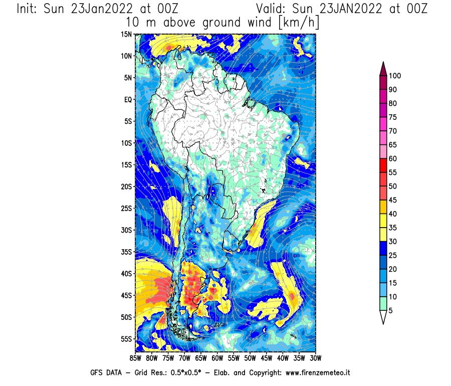 Mappa di analisi GFS - Velocità del vento a 10 metri dal suolo [km/h] in Sud-America
							del 23/01/2022 00 <!--googleoff: index-->UTC<!--googleon: index-->