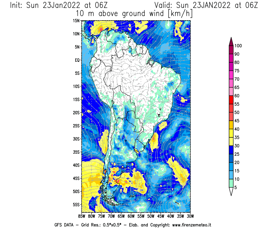 Mappa di analisi GFS - Velocità del vento a 10 metri dal suolo [km/h] in Sud-America
							del 23/01/2022 06 <!--googleoff: index-->UTC<!--googleon: index-->