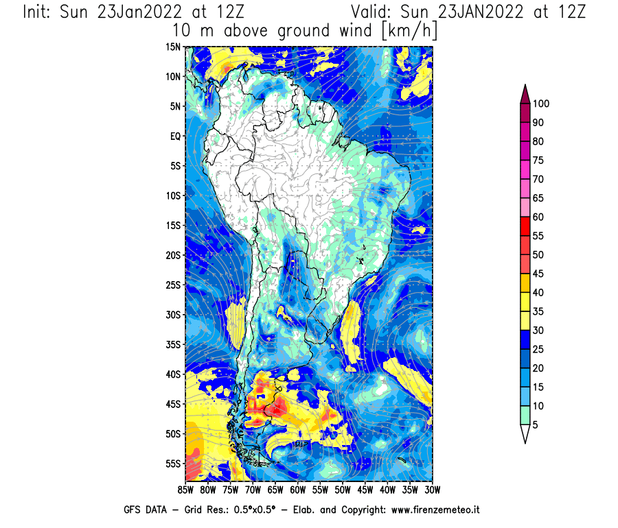 Mappa di analisi GFS - Velocità del vento a 10 metri dal suolo [km/h] in Sud-America
							del 23/01/2022 12 <!--googleoff: index-->UTC<!--googleon: index-->