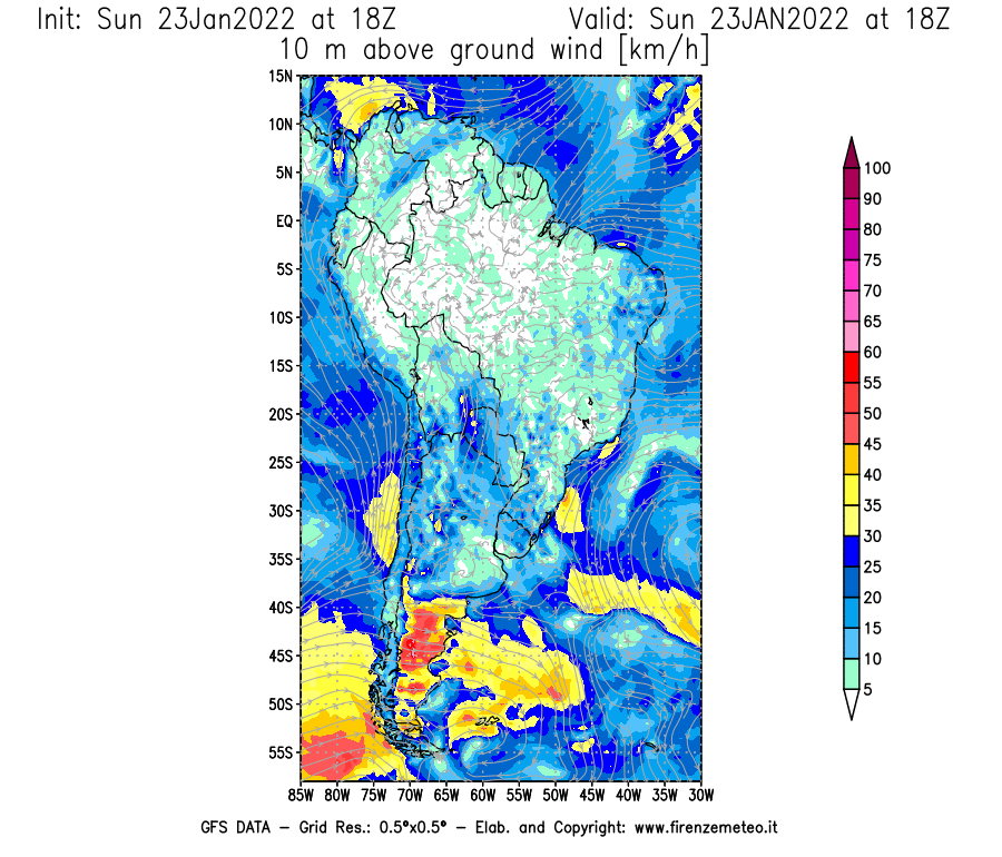 Mappa di analisi GFS - Velocità del vento a 10 metri dal suolo [km/h] in Sud-America
							del 23/01/2022 18 <!--googleoff: index-->UTC<!--googleon: index-->