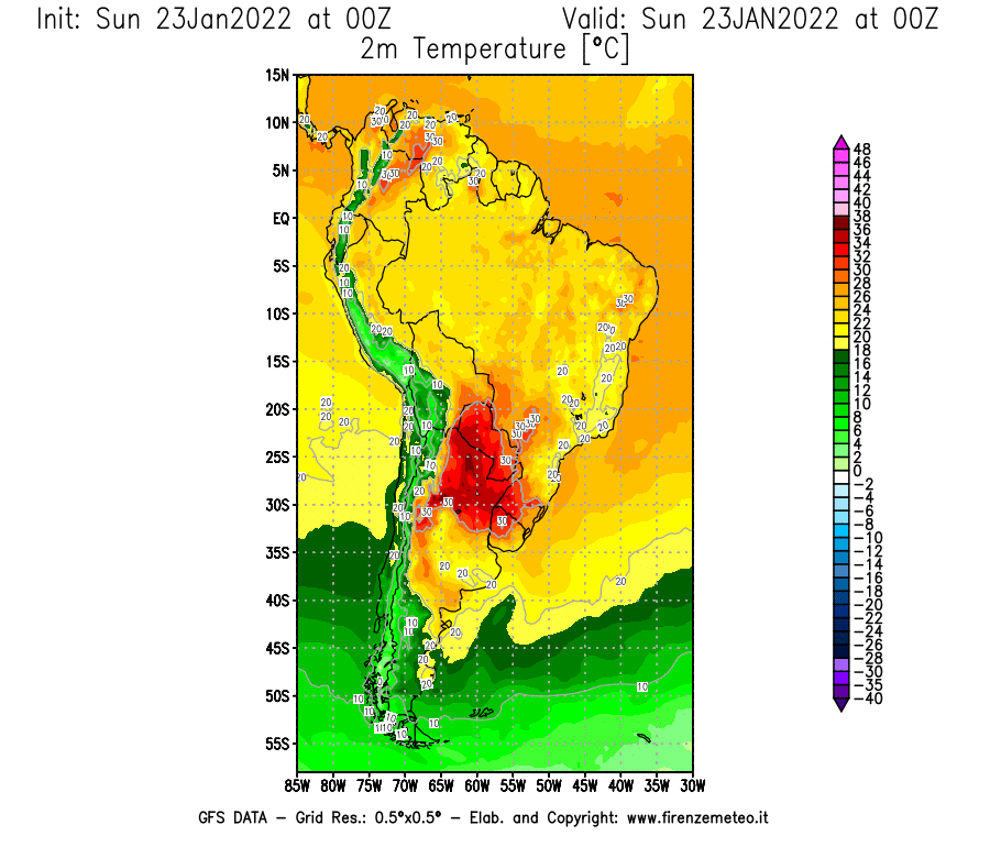 Mappa di analisi GFS - Temperatura a 2 metri dal suolo [°C] in Sud-America
							del 23/01/2022 00 <!--googleoff: index-->UTC<!--googleon: index-->