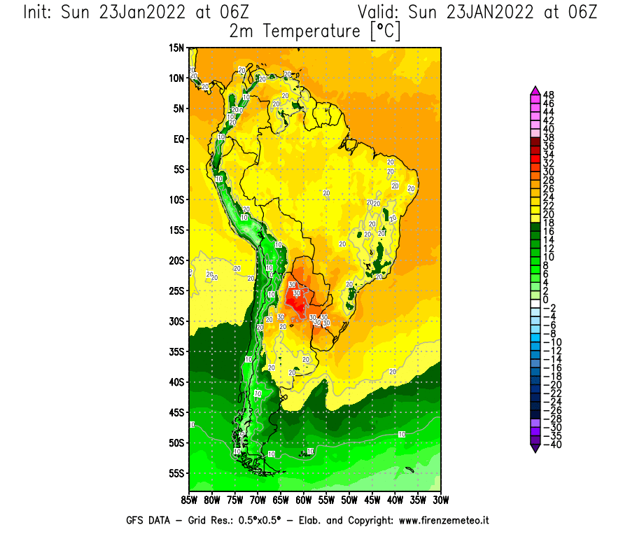 Mappa di analisi GFS - Temperatura a 2 metri dal suolo [°C] in Sud-America
							del 23/01/2022 06 <!--googleoff: index-->UTC<!--googleon: index-->