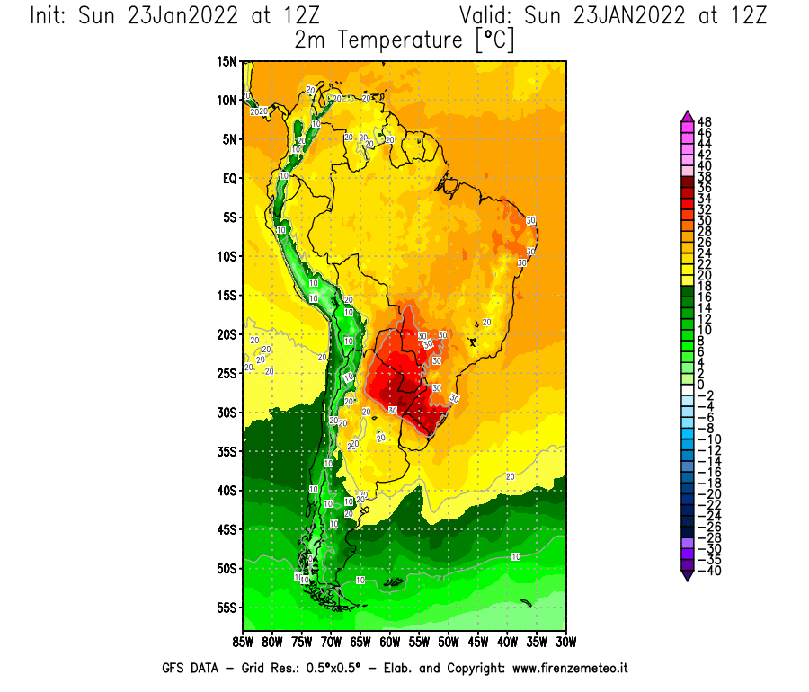 Mappa di analisi GFS - Temperatura a 2 metri dal suolo [°C] in Sud-America
							del 23/01/2022 12 <!--googleoff: index-->UTC<!--googleon: index-->