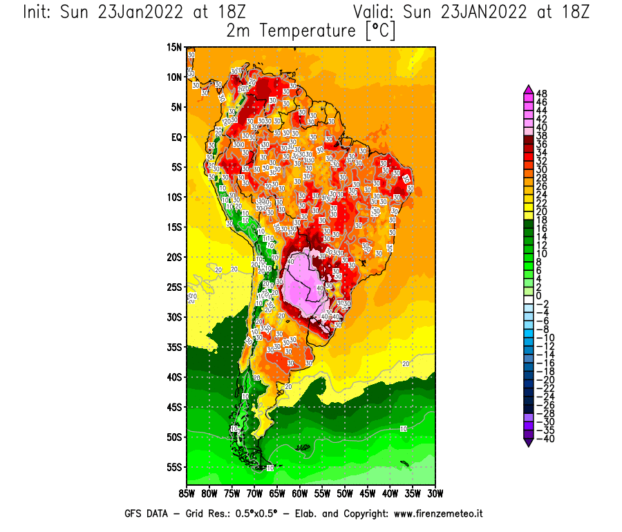 Mappa di analisi GFS - Temperatura a 2 metri dal suolo [°C] in Sud-America
							del 23/01/2022 18 <!--googleoff: index-->UTC<!--googleon: index-->