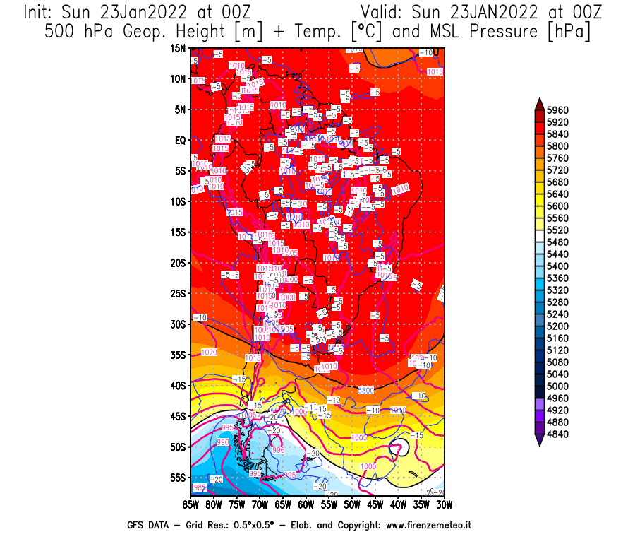 Mappa di analisi GFS - Geopotenziale [m] + Temp. [°C] a 500 hPa + Press. a livello del mare [hPa] in Sud-America
							del 23/01/2022 00 <!--googleoff: index-->UTC<!--googleon: index-->