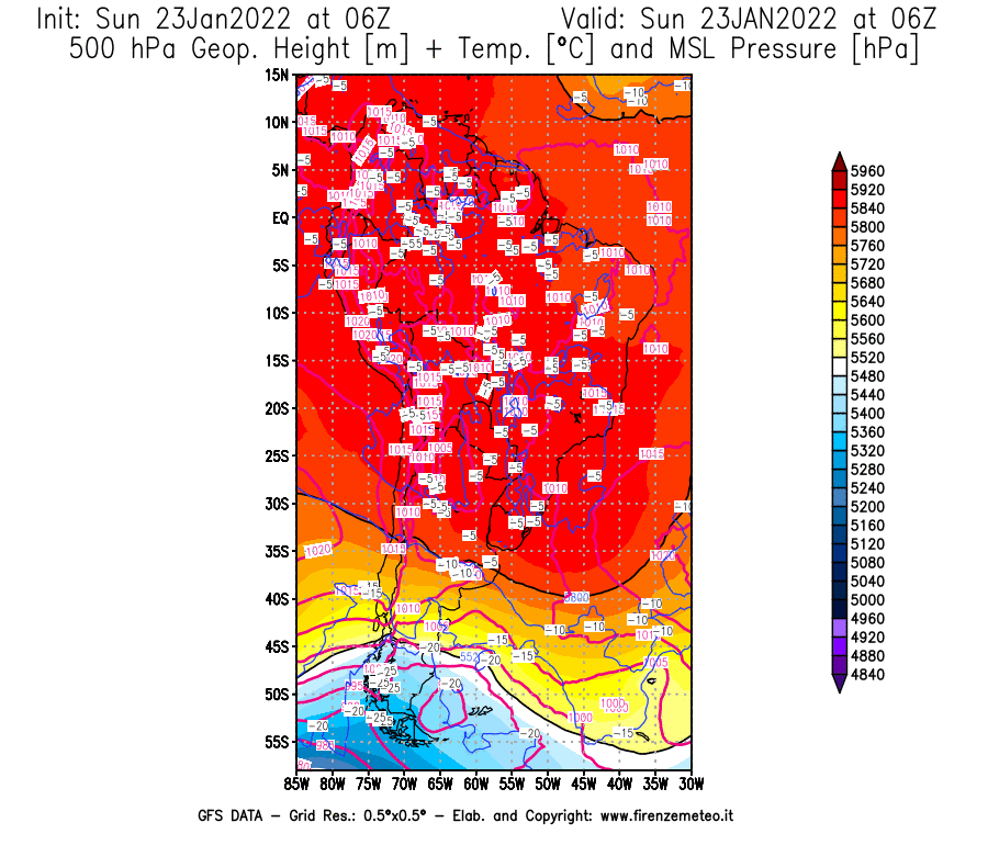 Mappa di analisi GFS - Geopotenziale [m] + Temp. [°C] a 500 hPa + Press. a livello del mare [hPa] in Sud-America
							del 23/01/2022 06 <!--googleoff: index-->UTC<!--googleon: index-->