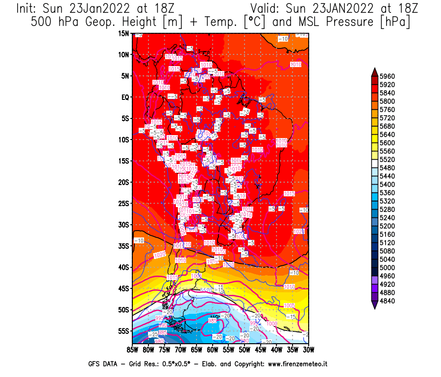 Mappa di analisi GFS - Geopotenziale [m] + Temp. [°C] a 500 hPa + Press. a livello del mare [hPa] in Sud-America
							del 23/01/2022 18 <!--googleoff: index-->UTC<!--googleon: index-->