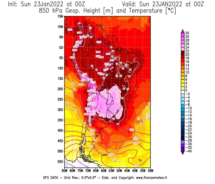 Mappa di analisi GFS - Geopotenziale [m] e Temperatura [°C] a 850 hPa in Sud-America
							del 23/01/2022 00 <!--googleoff: index-->UTC<!--googleon: index-->