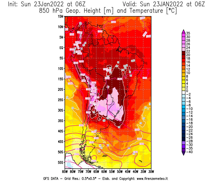 Mappa di analisi GFS - Geopotenziale [m] e Temperatura [°C] a 850 hPa in Sud-America
							del 23/01/2022 06 <!--googleoff: index-->UTC<!--googleon: index-->
