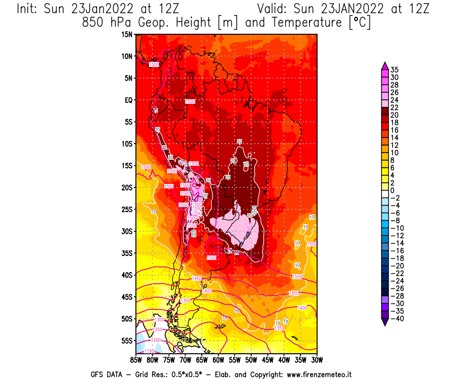 Mappa di analisi GFS - Geopotenziale [m] e Temperatura [°C] a 850 hPa in Sud-America
							del 23/01/2022 12 <!--googleoff: index-->UTC<!--googleon: index-->