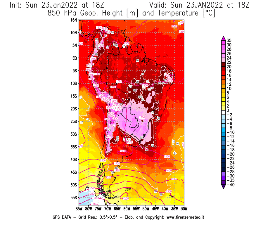 Mappa di analisi GFS - Geopotenziale [m] e Temperatura [°C] a 850 hPa in Sud-America
							del 23/01/2022 18 <!--googleoff: index-->UTC<!--googleon: index-->
