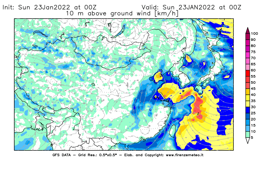Mappa di analisi GFS - Velocità del vento a 10 metri dal suolo [km/h] in Asia Orientale
							del 23/01/2022 00 <!--googleoff: index-->UTC<!--googleon: index-->