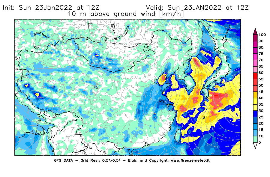Mappa di analisi GFS - Velocità del vento a 10 metri dal suolo [km/h] in Asia Orientale
							del 23/01/2022 12 <!--googleoff: index-->UTC<!--googleon: index-->