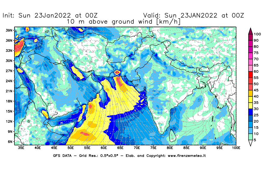 Mappa di analisi GFS - Velocità del vento a 10 metri dal suolo [km/h] in Asia Sud-Occidentale
							del 23/01/2022 00 <!--googleoff: index-->UTC<!--googleon: index-->