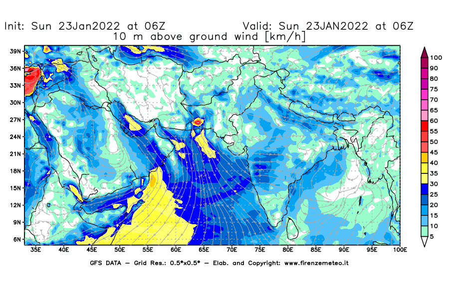 Mappa di analisi GFS - Velocità del vento a 10 metri dal suolo [km/h] in Asia Sud-Occidentale
							del 23/01/2022 06 <!--googleoff: index-->UTC<!--googleon: index-->