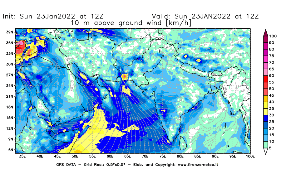 Mappa di analisi GFS - Velocità del vento a 10 metri dal suolo [km/h] in Asia Sud-Occidentale
							del 23/01/2022 12 <!--googleoff: index-->UTC<!--googleon: index-->