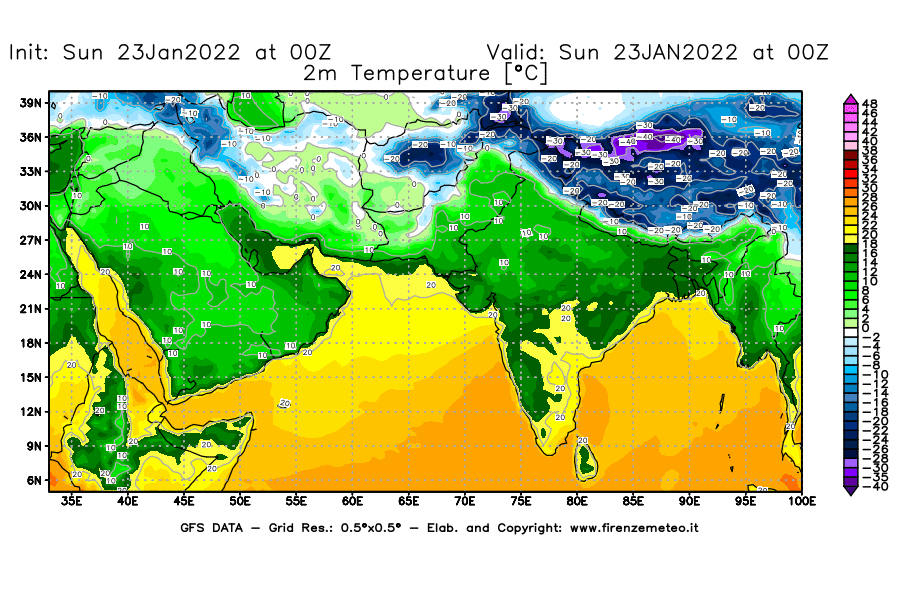 Mappa di analisi GFS - Temperatura a 2 metri dal suolo [°C] in Asia Sud-Occidentale
							del 23/01/2022 00 <!--googleoff: index-->UTC<!--googleon: index-->