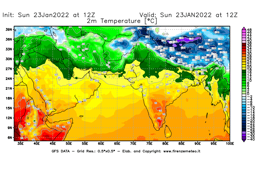 Mappa di analisi GFS - Temperatura a 2 metri dal suolo [°C] in Asia Sud-Occidentale
							del 23/01/2022 12 <!--googleoff: index-->UTC<!--googleon: index-->