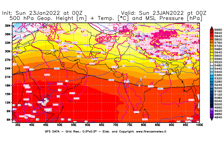Mappa di analisi GFS - Geopotenziale [m] + Temp. [°C] a 500 hPa + Press. a livello del mare [hPa] in Asia Sud-Occidentale
							del 23/01/2022 00 <!--googleoff: index-->UTC<!--googleon: index-->