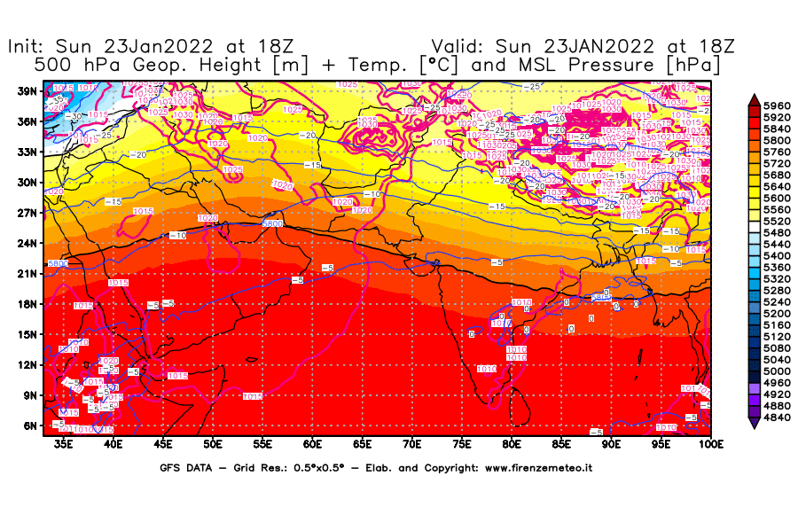Mappa di analisi GFS - Geopotenziale [m] + Temp. [°C] a 500 hPa + Press. a livello del mare [hPa] in Asia Sud-Occidentale
							del 23/01/2022 18 <!--googleoff: index-->UTC<!--googleon: index-->