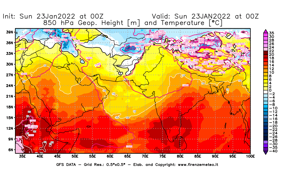 Mappa di analisi GFS - Geopotenziale [m] e Temperatura [°C] a 850 hPa in Asia Sud-Occidentale
							del 23/01/2022 00 <!--googleoff: index-->UTC<!--googleon: index-->