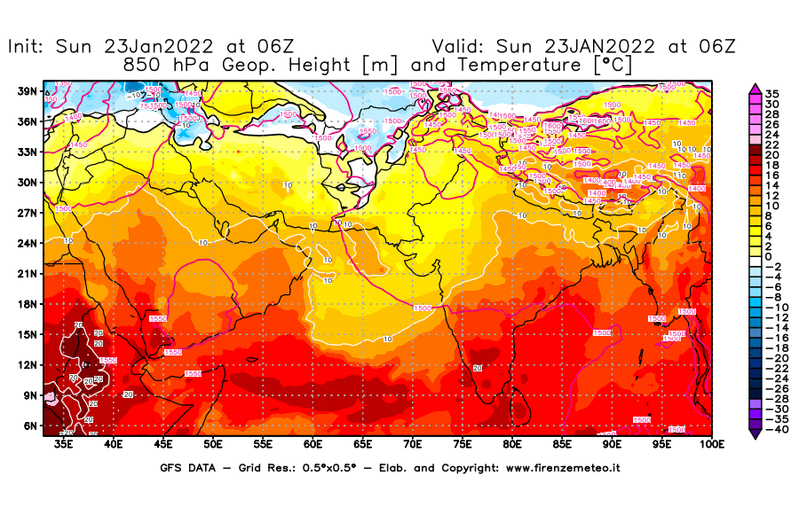 Mappa di analisi GFS - Geopotenziale [m] e Temperatura [°C] a 850 hPa in Asia Sud-Occidentale
							del 23/01/2022 06 <!--googleoff: index-->UTC<!--googleon: index-->
