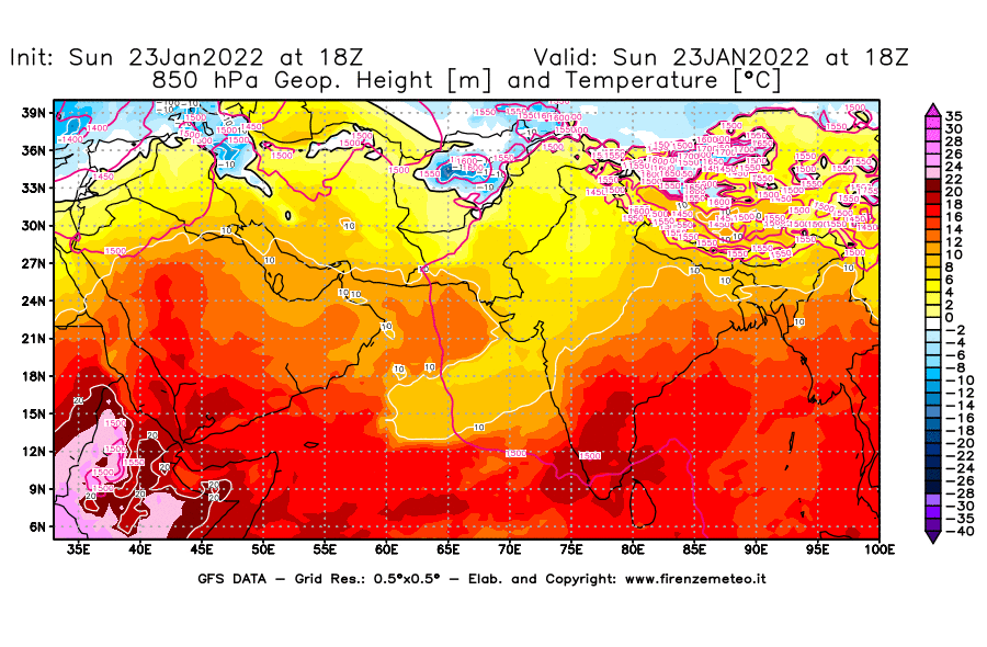 Mappa di analisi GFS - Geopotenziale [m] e Temperatura [°C] a 850 hPa in Asia Sud-Occidentale
							del 23/01/2022 18 <!--googleoff: index-->UTC<!--googleon: index-->