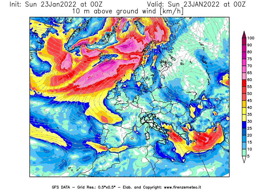 Mappa di analisi GFS - Velocità del vento a 10 metri dal suolo [km/h] in Europa
							del 23/01/2022 00 <!--googleoff: index-->UTC<!--googleon: index-->