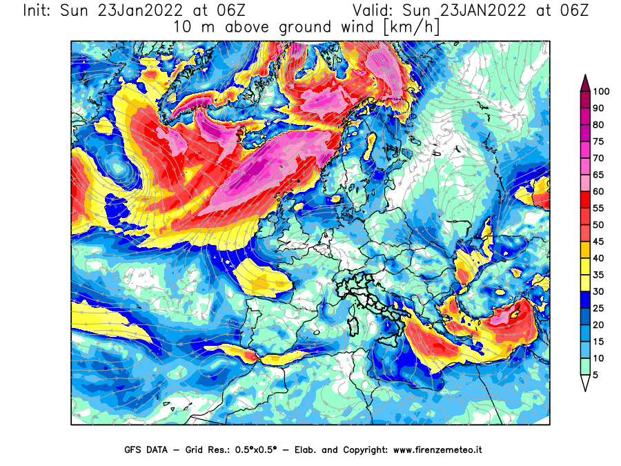 Mappa di analisi GFS - Velocità del vento a 10 metri dal suolo [km/h] in Europa
							del 23/01/2022 06 <!--googleoff: index-->UTC<!--googleon: index-->