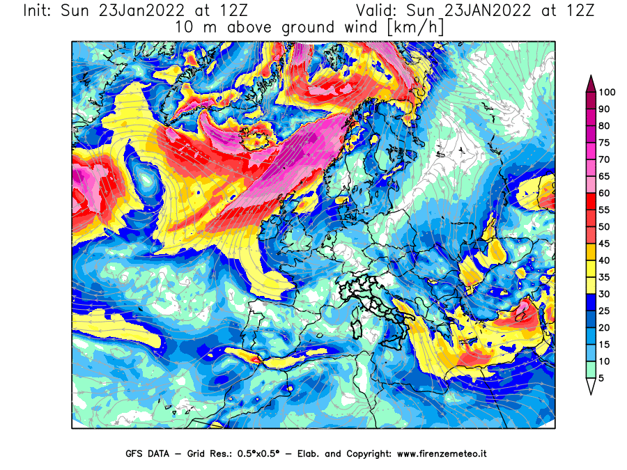Mappa di analisi GFS - Velocità del vento a 10 metri dal suolo [km/h] in Europa
							del 23/01/2022 12 <!--googleoff: index-->UTC<!--googleon: index-->