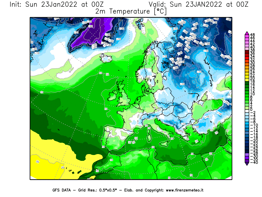 Mappa di analisi GFS - Temperatura a 2 metri dal suolo [°C] in Europa
							del 23/01/2022 00 <!--googleoff: index-->UTC<!--googleon: index-->