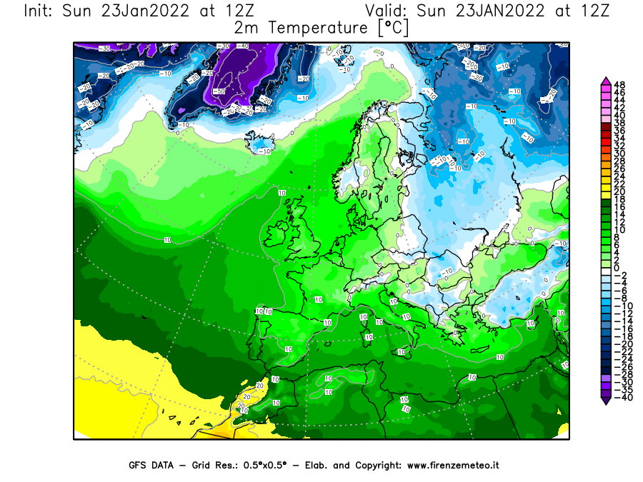 Mappa di analisi GFS - Temperatura a 2 metri dal suolo [°C] in Europa
							del 23/01/2022 12 <!--googleoff: index-->UTC<!--googleon: index-->