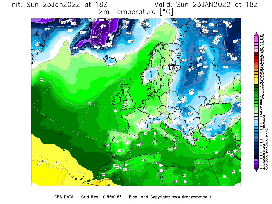 Mappa di analisi GFS - Temperatura a 2 metri dal suolo [°C] in Europa
							del 23/01/2022 18 <!--googleoff: index-->UTC<!--googleon: index-->