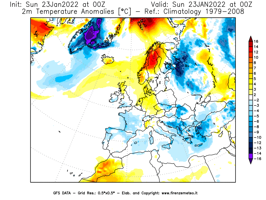 Mappa di analisi GFS - Anomalia Temperatura [°C] a 2 m in Europa
							del 23/01/2022 00 <!--googleoff: index-->UTC<!--googleon: index-->