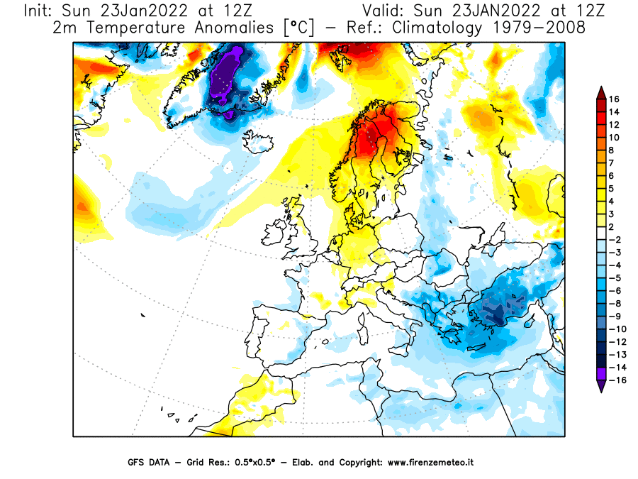 Mappa di analisi GFS - Anomalia Temperatura [°C] a 2 m in Europa
							del 23/01/2022 12 <!--googleoff: index-->UTC<!--googleon: index-->
