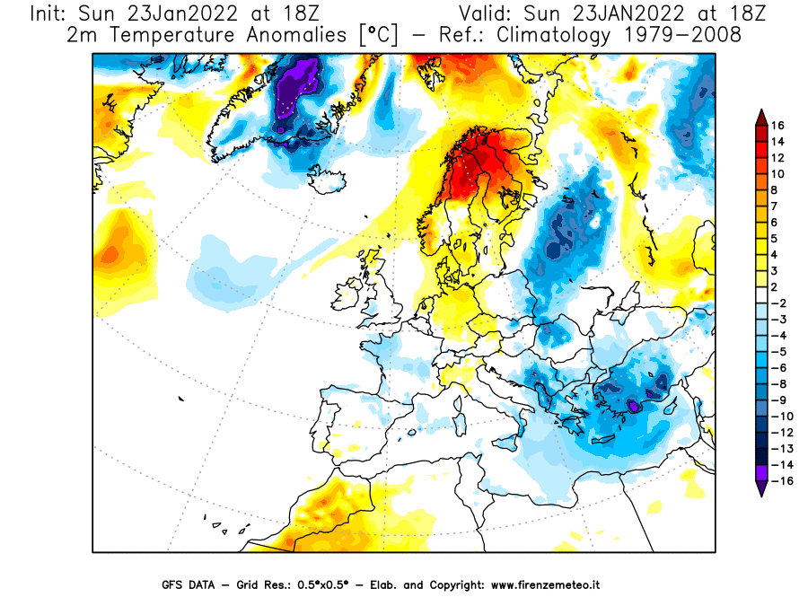 Mappa di analisi GFS - Anomalia Temperatura [°C] a 2 m in Europa
							del 23/01/2022 18 <!--googleoff: index-->UTC<!--googleon: index-->