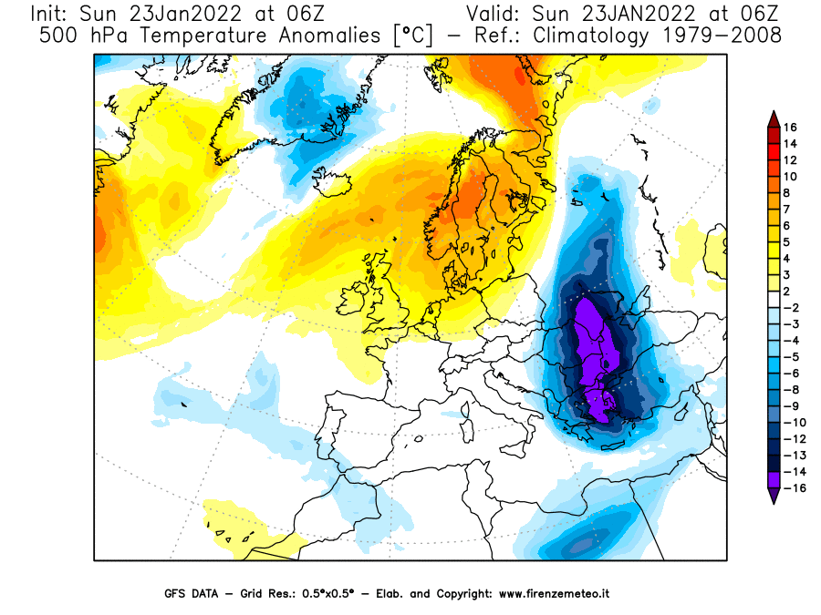 Mappa di analisi GFS - Anomalia Temperatura [°C] a 500 hPa in Europa
							del 23/01/2022 06 <!--googleoff: index-->UTC<!--googleon: index-->